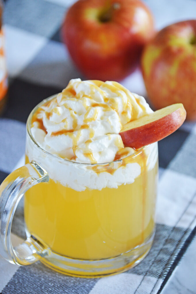 apple cider with caramel vodka, whipped cream, caramel sauce