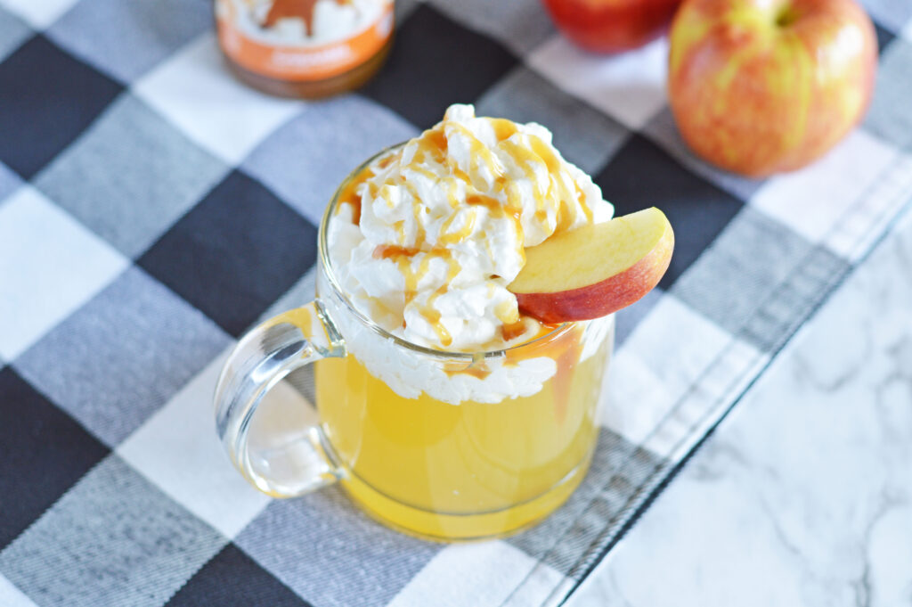 whipped cream, caramel, and apples